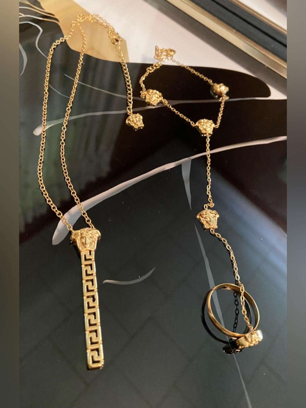 Gold-Tone Medusa Pendant Necklace and Hand and Ring Chain Set #125